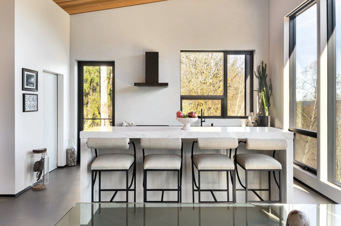 Kitchen with evergreens beyond the glass