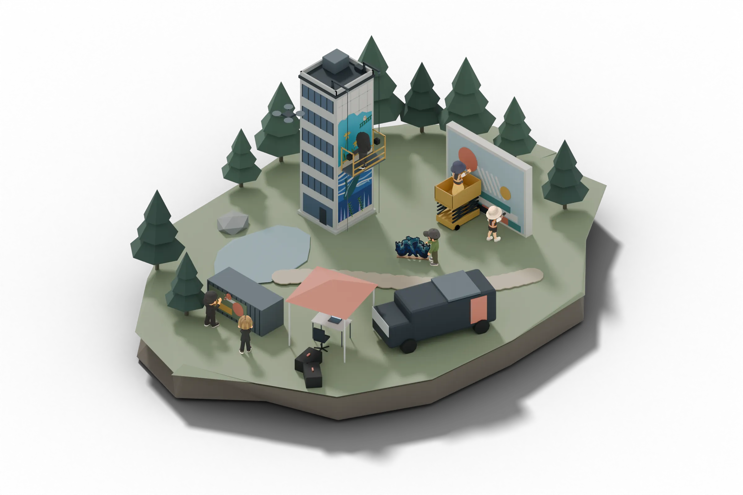 Isometric forest island: a mini skyscraper where a muralist paints from a swing stage while a drone circles the tower, a painter on a scissor lift at a large mural wall, a crew painting a shipping container beside an edit tent, and a small lake.
