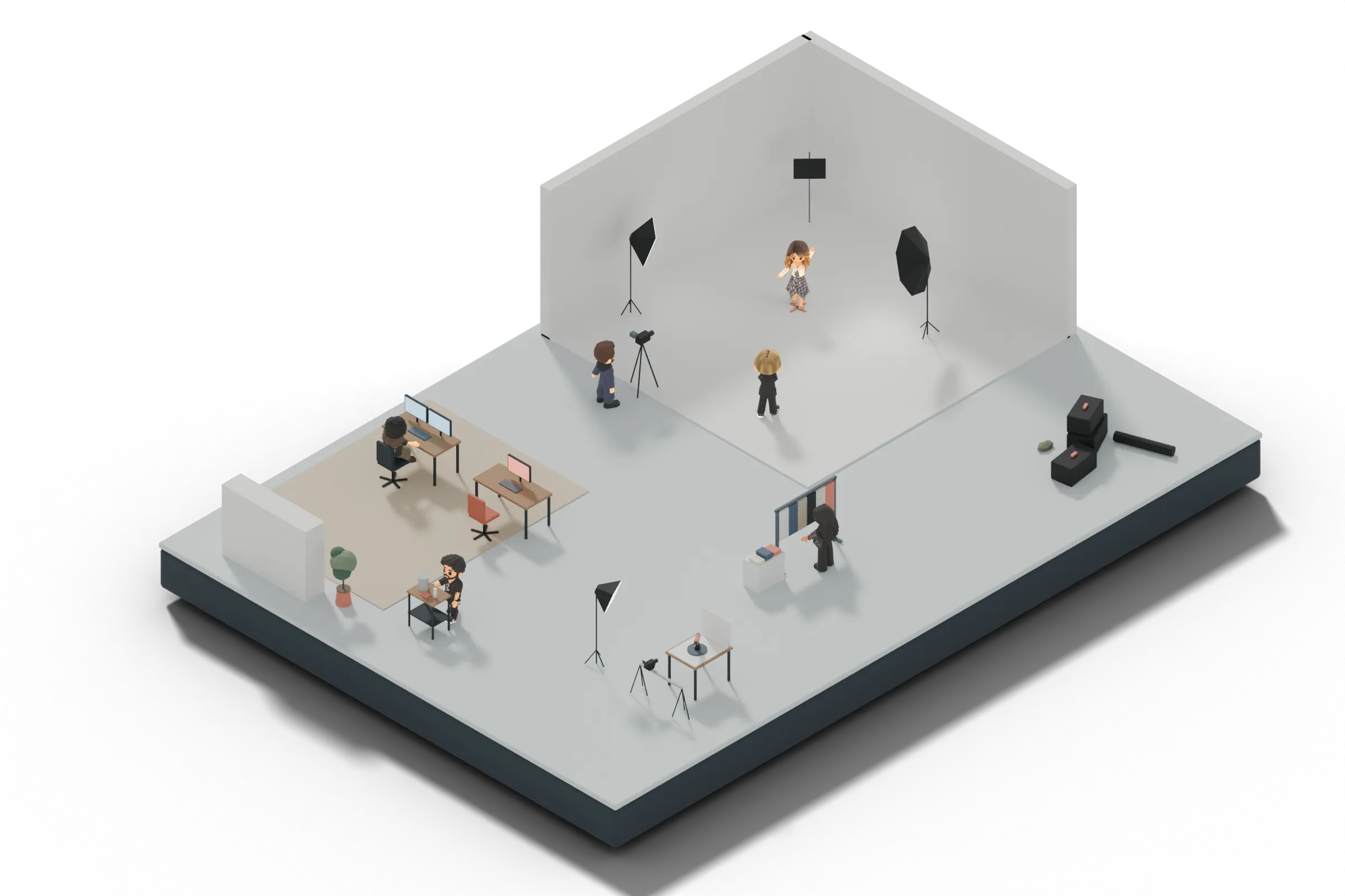 Isometric mini studio: a model posing on a white cyc between two softboxes for Mitchell and a cinema camera, and an edit bay where an editor works at glowing monitors.